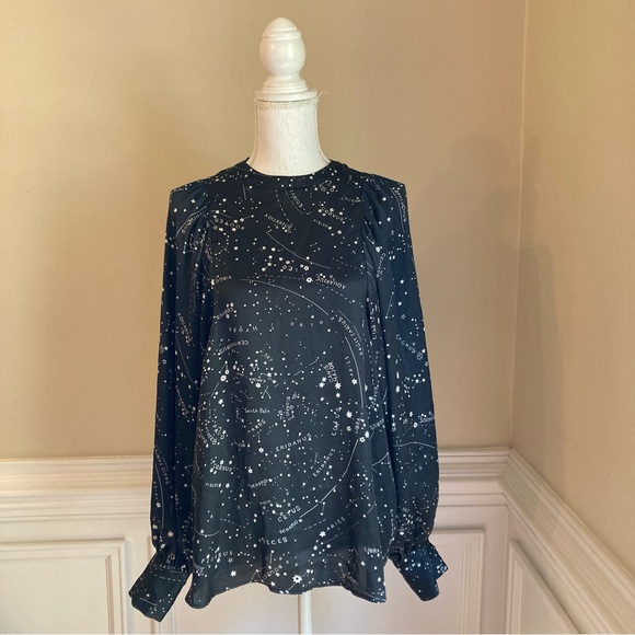 ZARA Black White Silky Star Constellation Astrology Print Long Sleeve Blouse - Picture 11 of 11